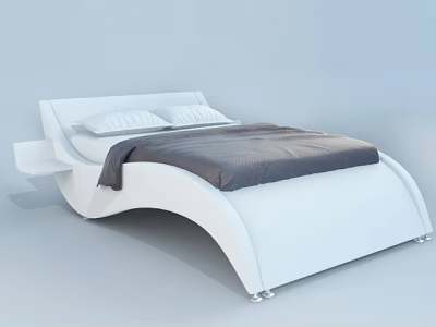 Modern White Double Bed With Sleek Curved Design Pillows And Blanket 3d model