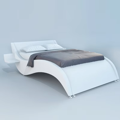 Modern White Double Bed With Sleek Curved Design Pillows And Blanket 3d model