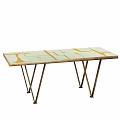 Modern Dining Table With Light Green Tabletop And Golden Striped Patterns On Crossed Brass Legs