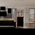 Modern Open Living And Dining Room Interior With Sofa Dining Table Artworks And Wooden Accents