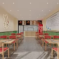 Restaurant Interior With Red Chairs Wooden Tables Chef Logo Menu Board And Green Tiled Walls