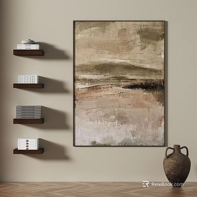 Abstract Painting on Wall with Floating Shelves and Decorative Items and Clay Vase 3d model 
