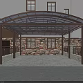 Modern Metal Frame Canopy With Transparent Roof Over Building Entrance And Stone Wall
