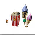 Colorful Ice Cream Cones With Striped Popcorn Bag And Small Sweet Drink