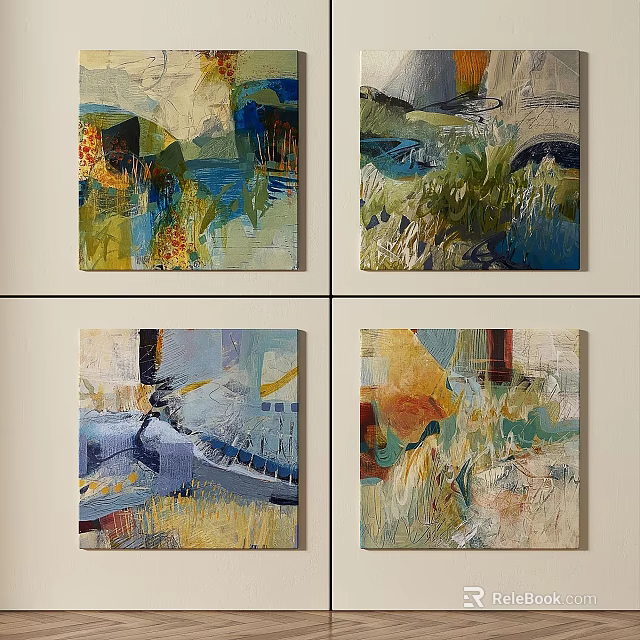 Colorful Abstract Paintings With Textured Brushstrokes And Natural Art Elements 3d model 