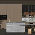 Elegant Modern Restaurant Interior With Wooden Walls Central Island And Pendant Lights