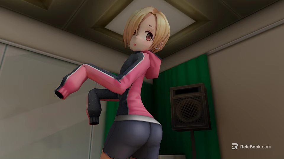 Game Movie Character With Blonde Hair In Pink Hoodie Black Shorts Near Green Curtain Speaker 3d model 