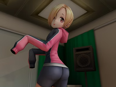 Game Movie Character With Blonde Hair In Pink Hoodie Black Shorts Near Green Curtain Speaker 3d model