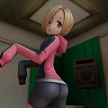Game Movie Character With Blonde Hair In Pink Hoodie Black Shorts Near Green Curtain Speaker