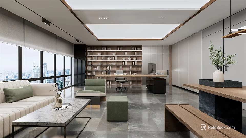 Modern Office Interior Design With Open Space Large Windows Bookshelves Green Plants And Marble Flooring 3d model 