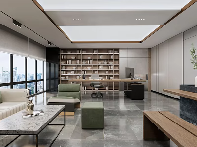 Modern Office Interior Design With Open Space Large Windows Bookshelves Green Plants And Marble Flooring 3d model