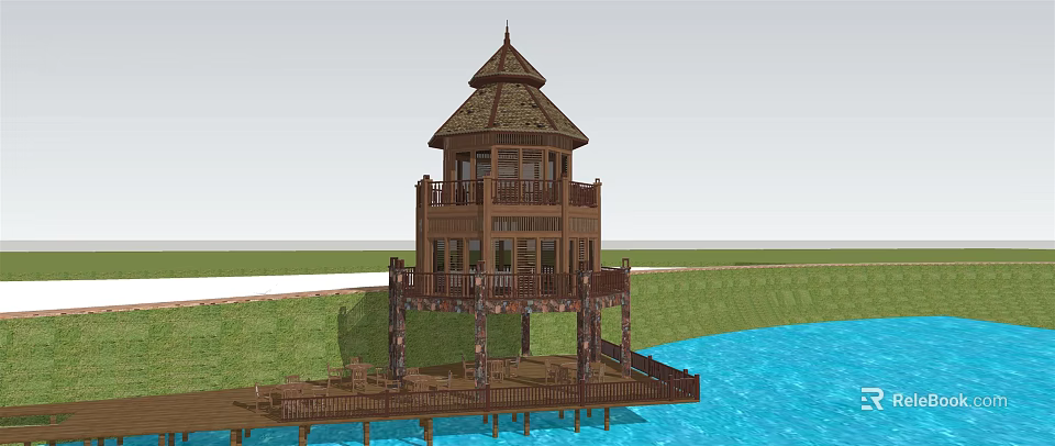 Wooden Waterfront Tower With Multi Level Structure And Pagoda Style Roof 3d model 