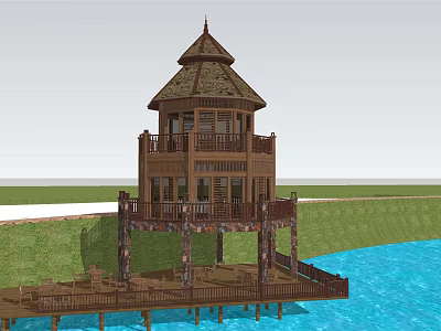 Wooden Waterfront Tower With Multi Level Structure And Pagoda Style Roof 3d model