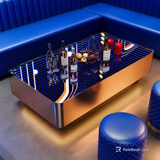 Elegant Modern Coffee Table With Metallic Frame Glass Top Wine Bottles And Fruit Platter 3d model 