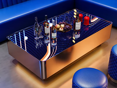 Elegant Modern Coffee Table With Metallic Frame Glass Top Wine Bottles And Fruit Platter 3d model