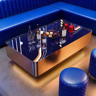 Elegant Modern Coffee Table With Metallic Frame Glass Top Wine Bottles And Fruit Platter 3d model