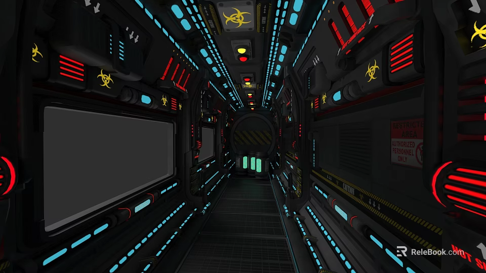 Futuristic Corridor Interior With Biohazard Signs Blue Red Lights And Control Panels 3d model 