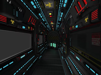Futuristic Corridor Interior With Biohazard Signs Blue Red Lights And Control Panels 3d model