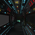 Futuristic Corridor Interior With Biohazard Signs Blue Red Lights And Control Panels