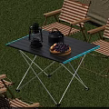 Foldable Outdoor Table with Striped Chairs Lantern Teapot and Grapes on Grass