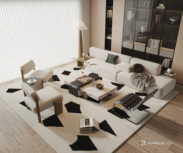 Modern Living Room Sofa And Coffee Table Set With Geometric Rug Accent Chairs And Throw Pillows 3d model 