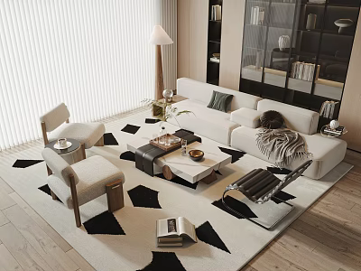 Modern Living Room Sofa And Coffee Table Set With Geometric Rug Accent Chairs And Throw Pillows 3d model