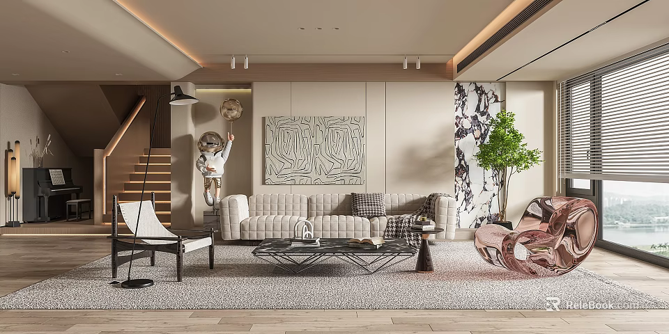 Modern Living Room Interior With Beige Sofa Abstract Artwork And Textured Rug 3d model 