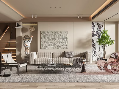 Modern Living Room Interior With Beige Sofa Abstract Artwork And Textured Rug 3d model