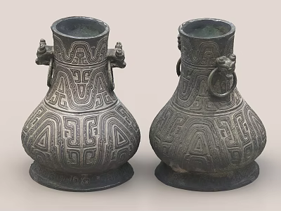 Traditional Bronze Decorative Vase Set With Animal Head Handles And Geometric Patterns 3d model