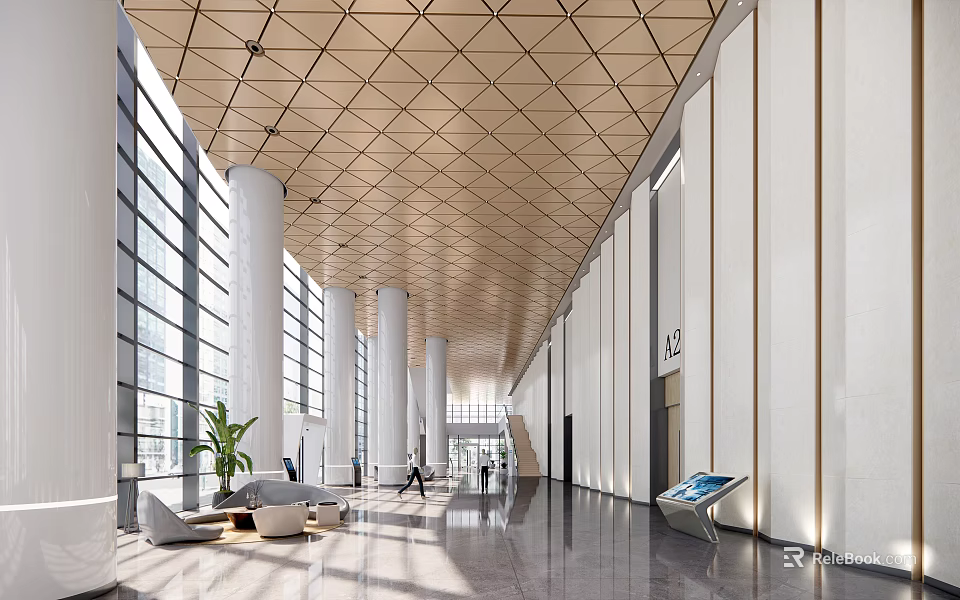 Modern Lobby Front Desk Reception With Large Windows White Columns Geometric Ceiling Sofa And Plant 3d model 