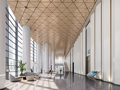 Modern Lobby Front Desk Reception With Large Windows White Columns Geometric Ceiling Sofa And Plant 3d model