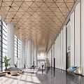 Modern Lobby Front Desk Reception With Large Windows White Columns Geometric Ceiling Sofa And Plant