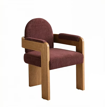 Comfortable Burgundy Fabric Dining Chair With Oak Armrests And Wooden Legs 3d model