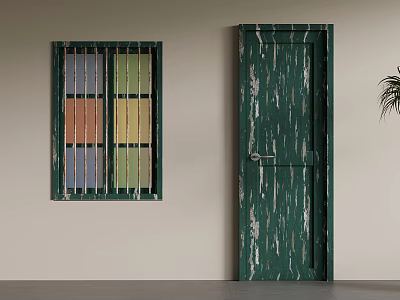 Old Green Wooden Door And Colorful Stained Glass Window On Indoor Wall 3d model