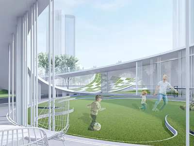 Indoor Modern Garden Features With Green Lawn Area For Family Leisure Activities 3d model