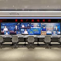 Professional TV Station Control Room Interior With Multiple Monitoring Screens And Control Desks