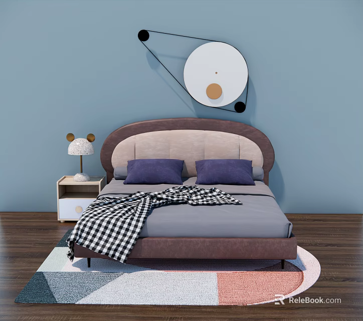 Children's Bed Upholstered Headboard With Purple Pillows Side Table Cartoon Lamp And Colorful Rug 3d model 