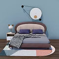 Children's Bed Upholstered Headboard With Purple Pillows Side Table Cartoon Lamp And Colorful Rug