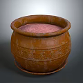 Round Brown Clay Pot With Intricate Carved Patterns And Pink Interior Base