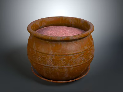 Round Brown Clay Pot With Intricate Carved Patterns And Pink Interior Base 3d model