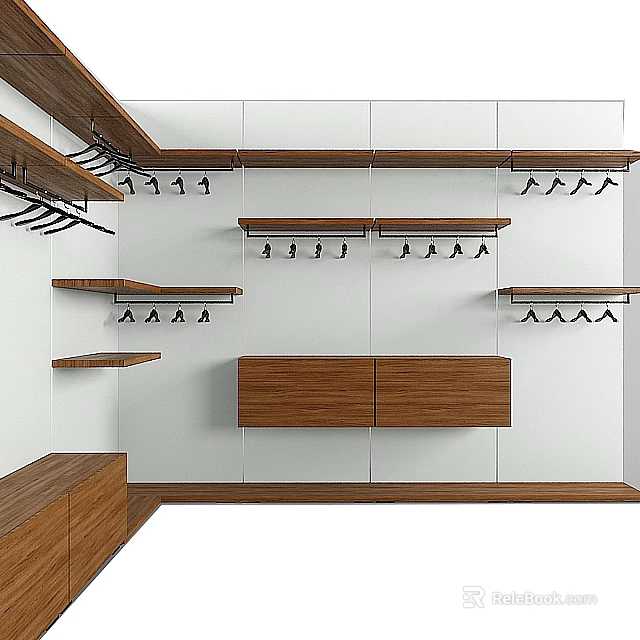 Modern Wooden Display Shelves With Wall Mounted Hanging Rods And Floating Cabinets On White Wall 3d model 