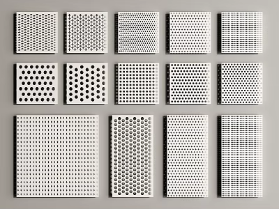 White Perforated Panels Showcasing Various Different Hole Patterns And Designs 3d model