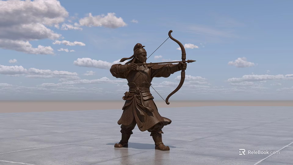 Ancient Archer Sculpture Carving with Bronze Material Drawing Bow in Outdoor Blue Sky Setting 3d model 