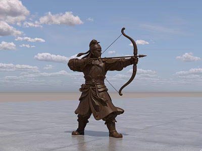 Ancient Archer Sculpture Carving with Bronze Material Drawing Bow in Outdoor Blue Sky Setting 3d model