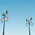 Outdoor Lights on Decorative Lamp Posts with Hanging White Flower Pots and Green Vines