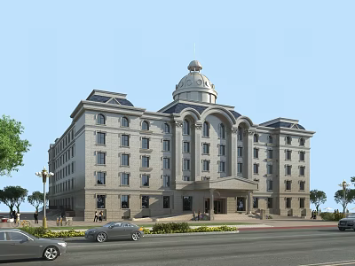 Grand Classical Hotel Building With Dome Light Stone Facade Columns Front Lawn And Street Cars 3d model