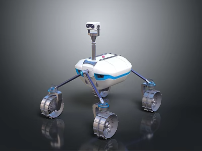 White And Blue Exploration Robot With Camera On Top Mechanical Wheels And Sturdy Structure 3d model