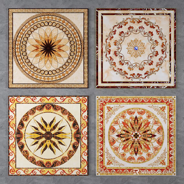 Ornate Marble Floor Tiles Showcasing Intricate Circular Patterns And Decorative Designs 3d model
