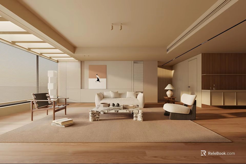 Modern Minimalist Living Room Interior With White Sofa Neutral Rug And Large Windows 3d model 
