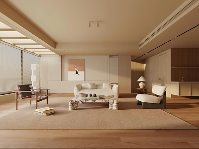 Modern Minimalist Living Room Interior With White Sofa Neutral Rug And Large Windows 3d model
